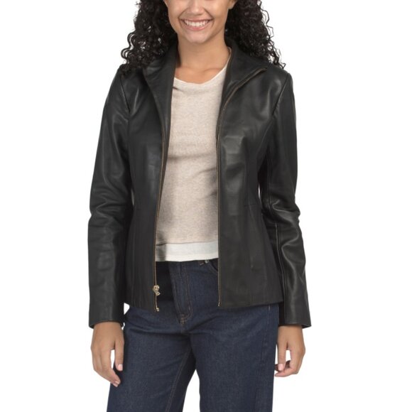 COLE HAAN Black Lambskin Leather Zip Front Jacket - Picture 1 of 2